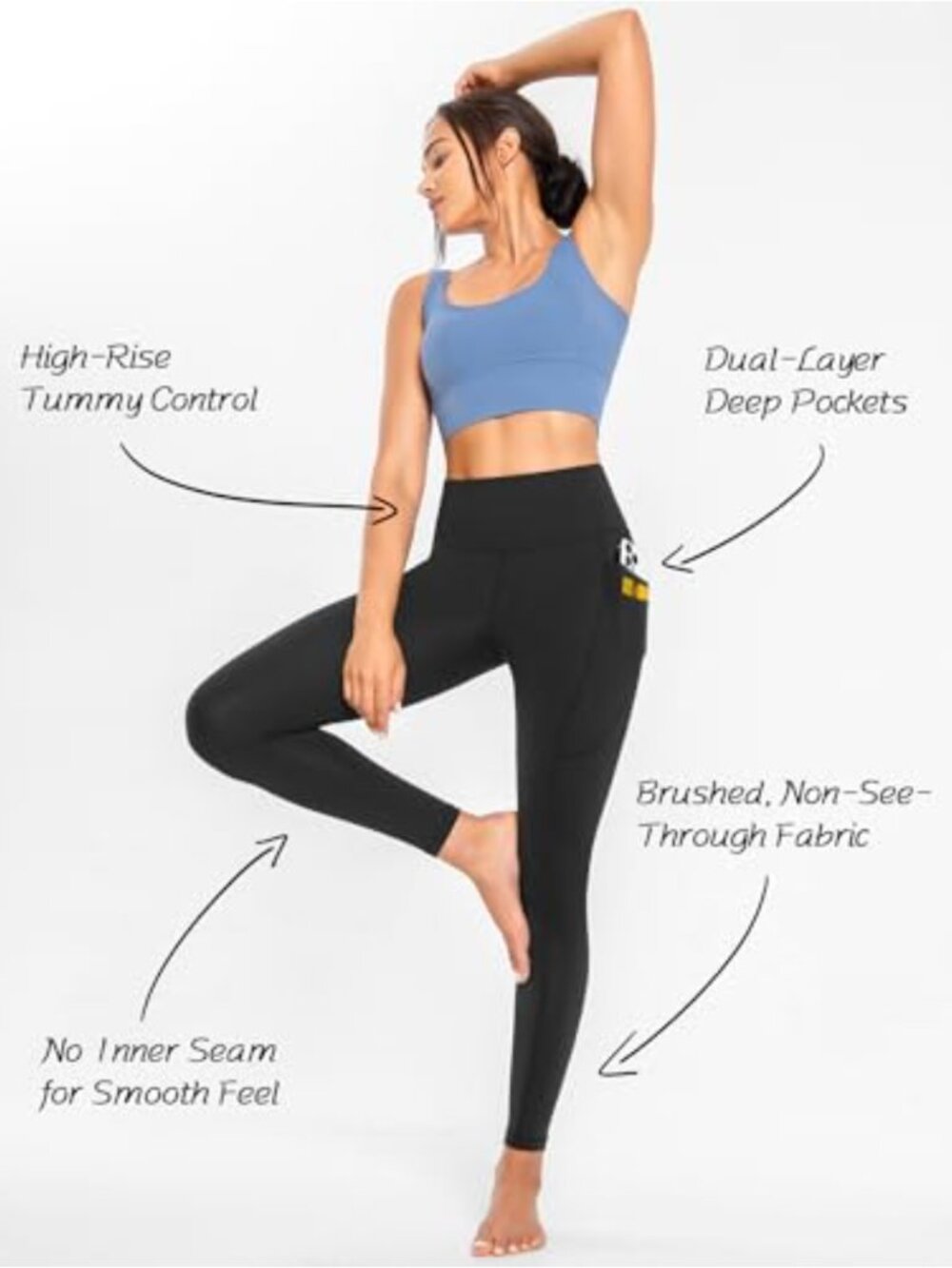 High Waisted Yoga Pants with Dual-Layer Pockets 78% Polyester 22% Spandex - Picture 3 of 6